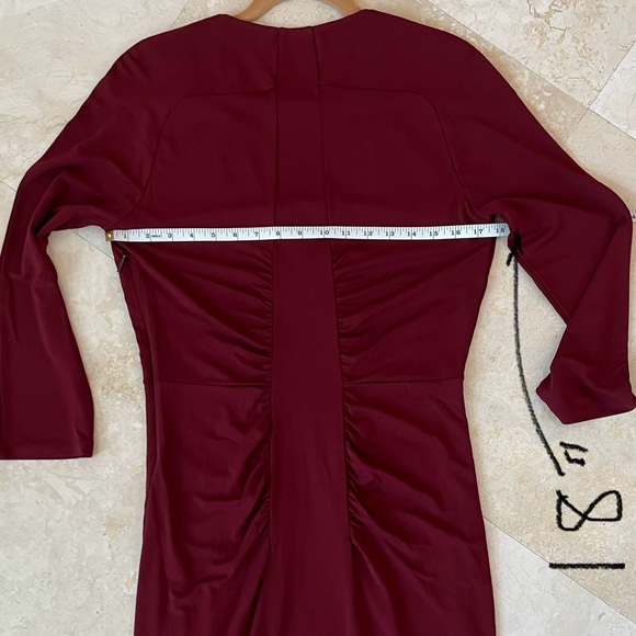 Roberto Cavalli V Neck Burgundy Gathered Accents Midi Sheath Dress - Picture 8 of 11